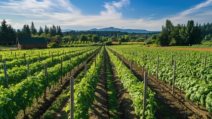 Aerial view of a cucumber farm, with rows of green vines stretching under a blue sky. The trellises create a natural pattern, and the morning sunlight casts long shadows over the fertile land.