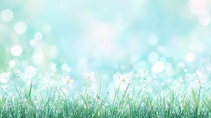 Soft green meadow highlighting delicate white wildflowers with glistening morning dew against blurred natural background