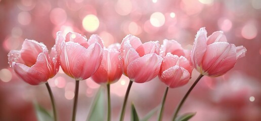 Obraz premium Dreamy pink tulips with water droplets and bokeh lights create a romantic floral arrangement