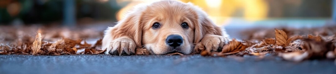 Golden Retriever Puppy Resting on the Ground with Fallen Leaves. Generative AI