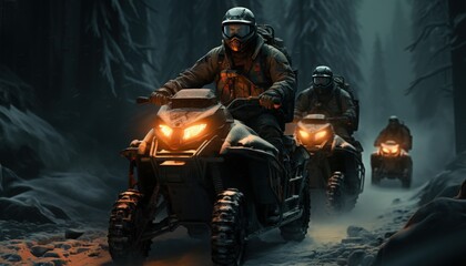 A snowmobile expedition in a snowy forest