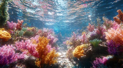 Naklejka premium Vibrant underwater coral reef scene with sunlight.