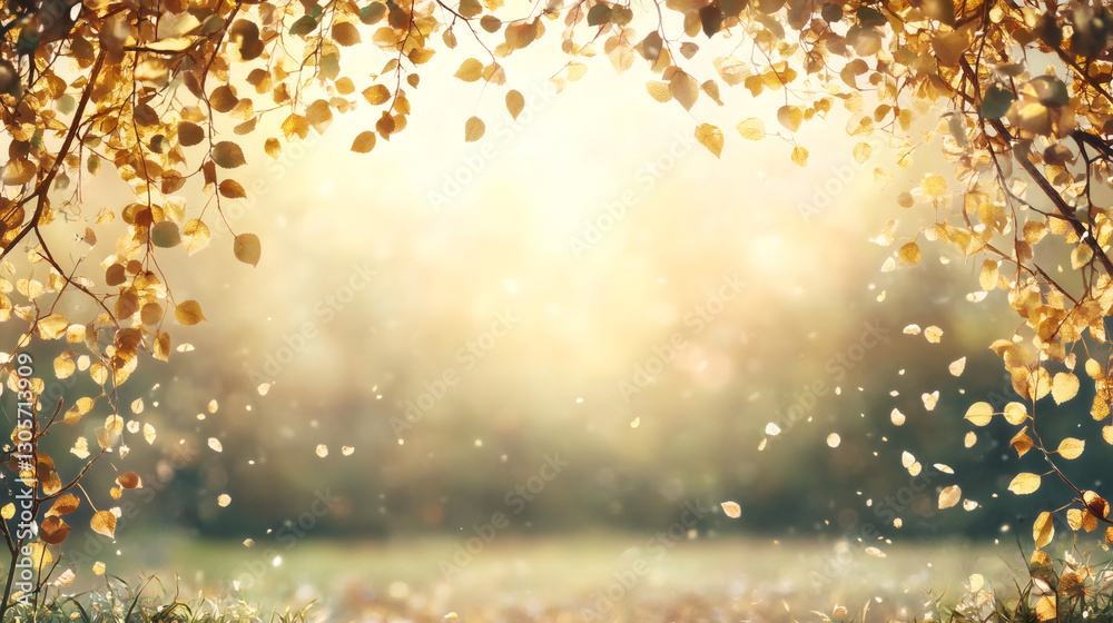 Aufkleber beautiful autumn leaves falling from tree branches in a magical forest with golden sunlight and boke