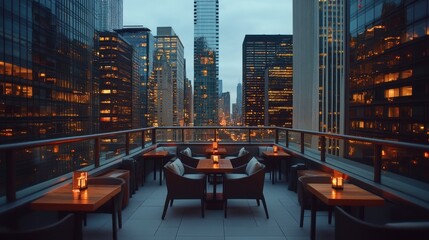 Cozy balcony setup with tables, chairs, and glowing candles for a warm ambiance.