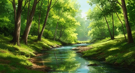 Serene forest stream surrounded by lush greenery and sunlight through trees