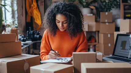 Woman writing order details amidst boxes.