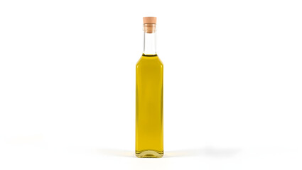 a tall bottle of olive oil with a wooden cork, full of golden liquid