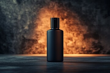 A black glass spray bottle with no label is placed on a textured surface, illuminated by warm lighting, creating a striking visual contrast