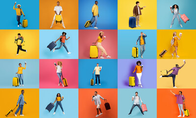 A diverse group of travelers enthusiastically poses with their luggage against bright, colorful...