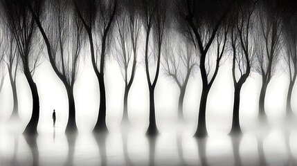 Obraz premium A solitary person standing amongst a surreal forest of trees