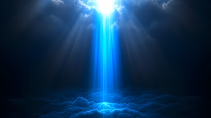 Fototapeta premium A blue light beam rises from a dark background, with streaks of light radiating outwards, creating a sense of energy and movement. Ethereal - Clouds. Illustration