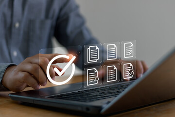 Document management System (DMS) Digital rights management. Businessman touch virtual glowing...