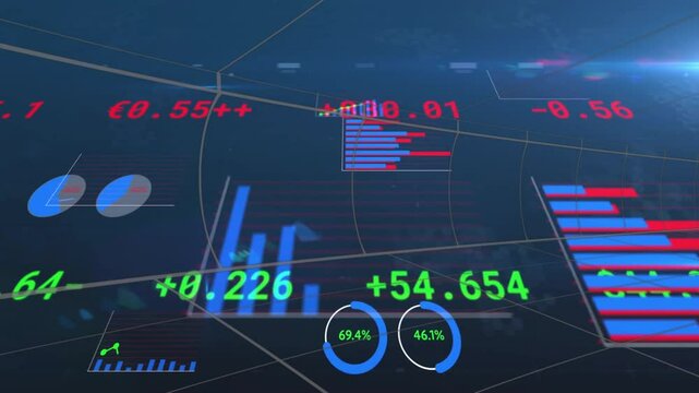 Animating financial data and statistics with graphs and percentages on blue background