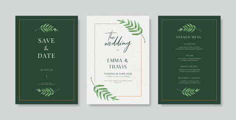 Luxury invitation card background with golden line and green leaves, Simple and elegant wedding card template