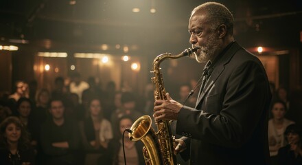 Soulful saxophonist performing live jazz music in smoky club atmosphere