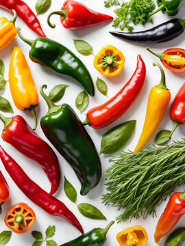 A vibrant display of various chili peppers, including jalap and serranos, along with an assortment of seasonings and herbs, arranged neatly on a white surface.
