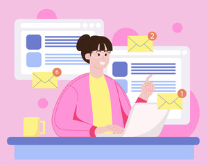 Office Girl looking mail on laptop, pink yellow purple colors, smart woman, corporate graphics, secretary, accountant, bussiness  woman, empowered woman on desk with coffee, memphis