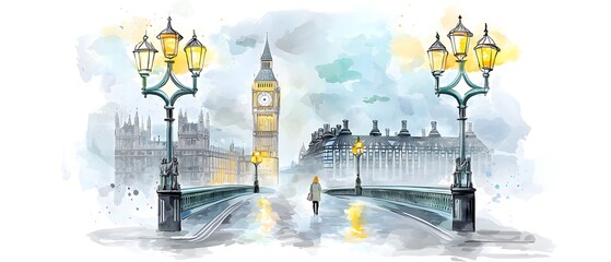 A dynamic and colorful watercolor cityscape of London featuring a loose impressionistic painting style that brings the city s iconic landmarks and architecture to life