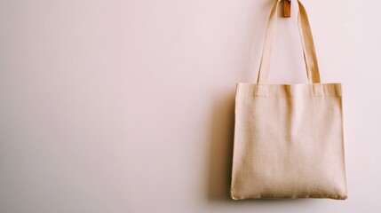 A simple, beige tote bag hanging on a wooden hook against a light, neutral wall background