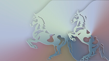 Abstrakcyjna ilustracja przedstawiająca motyw konia w widoku trójwymiarowym. Ilustracje prezentowane za pomocą stonowanych, pastelowych kolorów. © tomo81