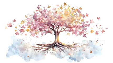 Fototapeta premium A beautifully expressive watercolor painting of a majestic tree with multi colored autumn leaves symbolizing the diversity and harmony found in nature The tree s detailed roots spread outward