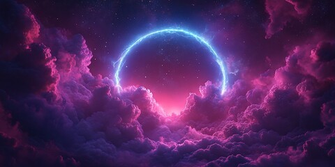 Electric portal among pink clouds under a starry sky background