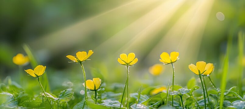 An abstract soft focus landscape at sunset featuring a field of yellow flowers and a grassy meadow during the warm golden hour. The scene captures the tranquil beauty of spring and summer, with a