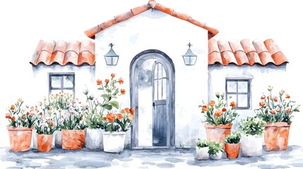 Delightful watercolor scene of a quaint flower shop filled with fresh blossoms in decorative pots with a charming open door entrance leading to a serene and inviting floral oasis