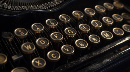 A detailed view of a typewriter featuring numerous keys for typing.