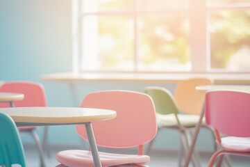 Colorful chairs and tables in a bright classroom near a window.