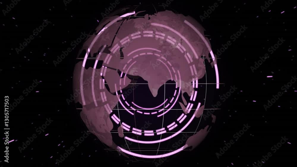 Poster animation of rotating digital globe with pink circular patterns on dark background