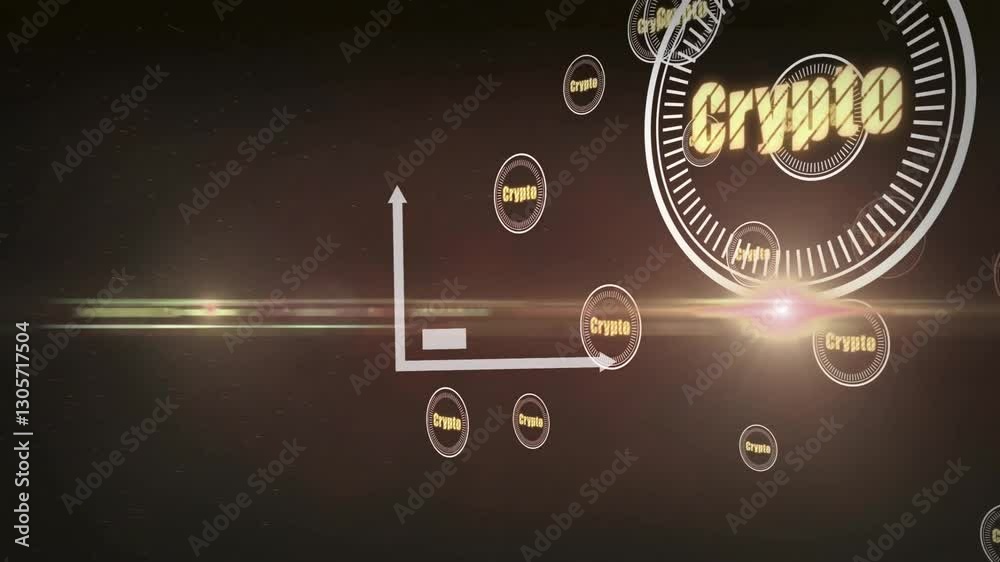 Poster animation of rising bar chart with crypto-themed graphics and circular text elements