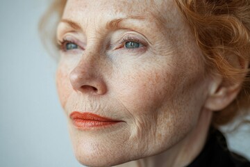 Obraz premium A middle-aged woman gazes thoughtfully, showcasing her fine wrinkles and unique beauty illuminated by natural light from a nearby window