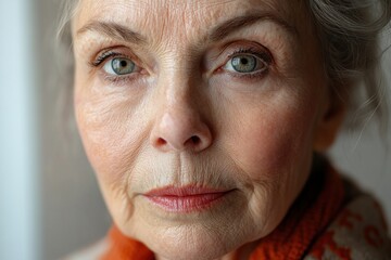 Close-up of a middle-aged woman displaying wrinkles and fine lines that tell her life story, illuminated by soft, natural light