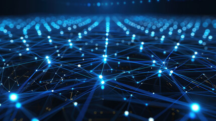 Fototapeta premium digital network of glowing blue connections and nodes, representing technology and data flow. vibrant lights create sense of depth and innovation