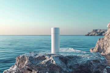 A simple white skincare tube sits atop a rugged rock, with the tranquil ocean and sunset creating a serene backdrop for this product shot