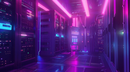 futuristic data center with glowing servers and neon lights creates vibrant atmosphere. colorful illumination enhances technological ambiance, showcasing advanced equipment