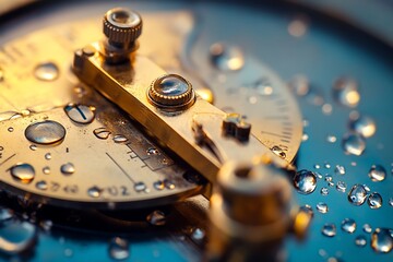 Close-up of a vintage brass mechanism with water droplets.