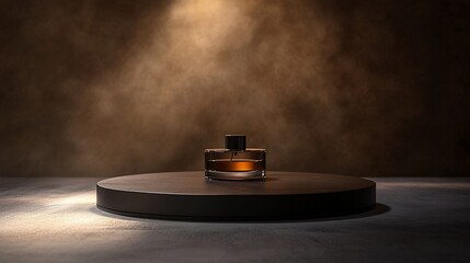 Amber perfume bottle on dark round platform against smoky brown background.