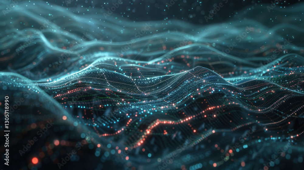 Poster digital waves of data flow, creating mesmerizing visual of interconnected lines and glowing particle