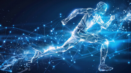 digital representation of runner in motion, showcasing futuristic design with glowing lines and particles, symbolizing speed and technology