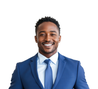 Professional smiling man in business suit portrait bright confident expression isolated on transparent background