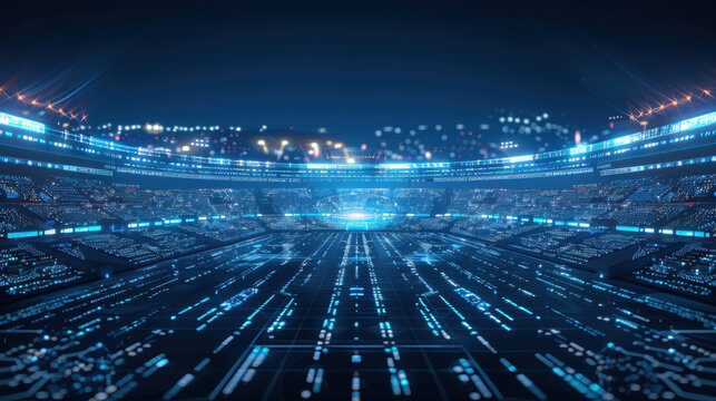futuristic sports stadium with digital elements and glowing lights, showcasing vibrant atmosphere for events and competitions
