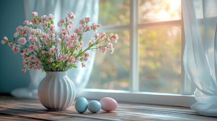 Bright and airy kitchen interior featuring pastel Easter eggs and fresh flowers with natural light streaming through sheer curtains