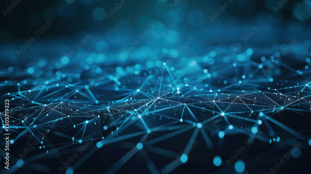 Poster digital network connections in blue tones create futuristic atmosphere, showcasing interconnected no