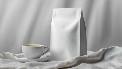 White coffee bag mockup with a cup of coffee on a white fabric.