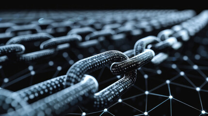 Digital chain links symbolize blockchain technology and data security. image showcases interconnected links with binary code, representing strength and transparency of digital transactions