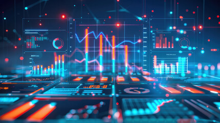 Visualize data analysis with vibrant graphs and charts in futuristic setting, showcasing trends and statistics in digital environment