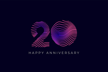 Numeric Design with Line Curve 20th, 20th Happy Anniversary with Gradient Colorful Line wave. Tech, futuristic and science concept