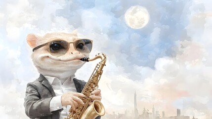A charismatic crocodile wearing a stylish blazer and sunglasses plays a smooth saxophone tune under the light of a full moon with a captivating city skyline in the background